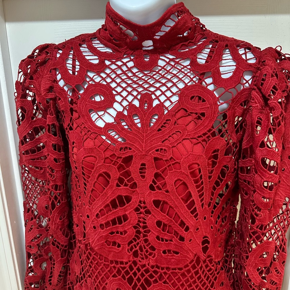 Boston Proper Red Lace Cutout Top